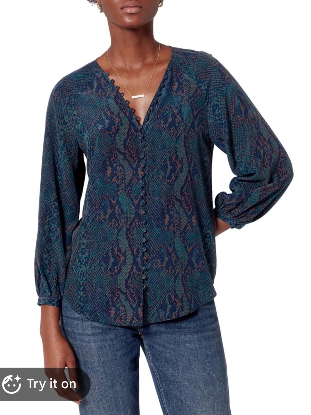 Joie Silk Sharians Teal Snake Print V-Neck Button Front Blouse Size Medium